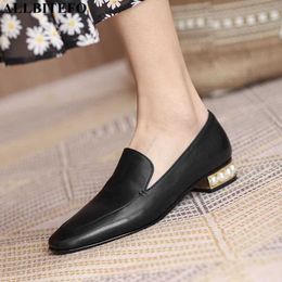 ALLBITEFO Pearl heels genuine leather low-heeled comfortable women shoes thick heels office ladies shoes women heels shoes 210611