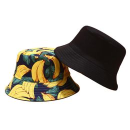 Men Women Stingy Brim Hats Bucket Cap Banana Print Yellow caps Hip Hop Fishing Fisherman Hat Double Side Wear