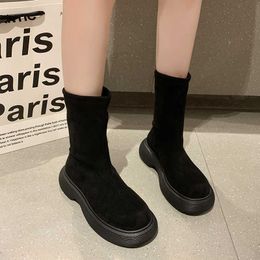 Women's Mid Calf Boots Shoes Luxury Designer Round Toe Winter Footwear Boots-Women Fashion Low Ladies Autumn 2021 Elegant Rock Y1018