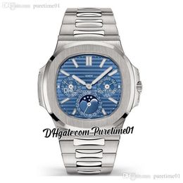 5740 Perpetual Calendar Automatic Moon Phase Mens Watch Blue Textured Dial Stick Markers Stainless Steel Bracelet Watches Puretime01 E01c3