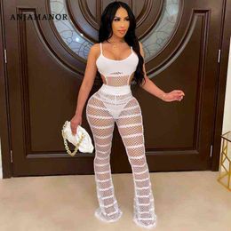 ANJAMANOR White Mesh See Through Jumpsuits Sexy Club Outfits Fall Fashion 2pcs Set Women Matching Pants Sets D57-EC30 211115