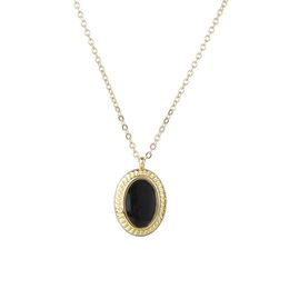 Pendant Necklaces Stainless Steel Black Oval Brand Necklace For Women Embed Metal Clavicle Chain Gold Colour Mirror Polished