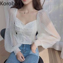 Korobov Women Blouses New Arrival Puff Sleeve Mesh Female Shirts Korean Sweet Chic Long Sleeve V Neck Blusas Mujer 210430