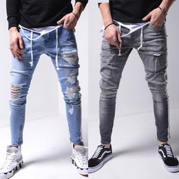 Jeans para hombre Hirigin Hombres Slim Screadstring Hole Ripped Fit Denim Pantalones de mezclilla Trendy Side Stripe Zipper Lápiz Hip Hop Streetwear
