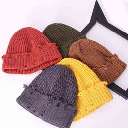 Winter Hat Women Harajuku Knitted Beanies Fashion Warm Hat Autumn Hip hop Bonnet Hole Skullies Unisex Basic Cap PJ109 Y21111