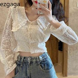 Ezgaga Sweet Blouse Women Lace Crop Tops Korean Chic Long Sleeve Turn-Down Collar Long Sleeve Slim Elegant Female Shirts Fashion 210430