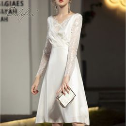 Summer Elegant Women Satin Party Long Sleeve White Lace Silk Sexy Night Dress 210415