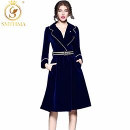 High Quality Runway Women's Notched High-End Velvet Dress Double-Breasted Winter Long Sleeve Vestidos 210520