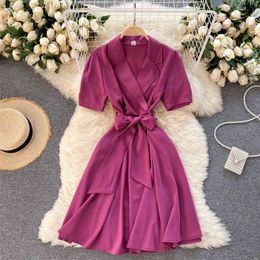 Women's Fashion Notched High Waist Slim A-line Dress Summer Solid Color Short Sleeve Elegant Clothes Vestidos De Mujer S026 210527