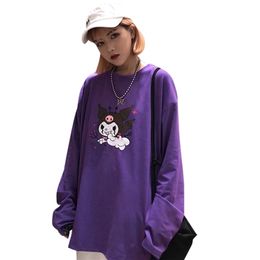 Lychee Trendy Cartoon Demon Print Purple Women T-Shirt Long Sleeve O-Neck Female T Shirt Casual Loose Tee Top 210330