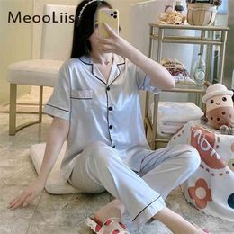 Pyjamas For Women Silk Satin Pyjamas Set Short Sleeve Sleepwear Suit Female Sleep Two Piece Loungewear 210830