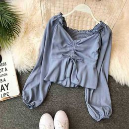 spring autumn v neck tops women elegant sexy long sleeved Folded Drawstring bandage blouse ladies beach wear 210525