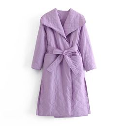 Simple And Elegant Temperament Large Lapel Diamond Lattice Mid-Length Bow Tie Belt French Bathrobe Cotton Coat Winter Jacke 210521