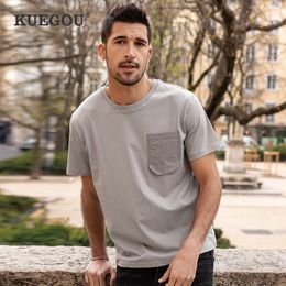 KUEGOU 100% Cotton Men's T-shirt Short Sleeve High Quality Summer Tshirt Chest Pocket Streetwear Fashion Top Plus Size ZT-90086 210524