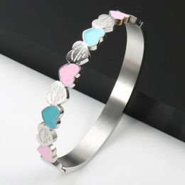 Bangle Gold Color Blue and Pink Enamel Forever Love Heart Charm Bangle&bracelet for Women Girlfriend Promise Wedding Jewellry Gifts Bangl 736