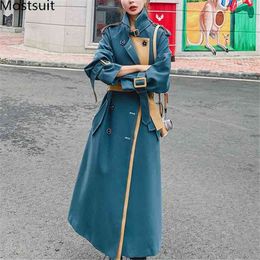 Moda Zarif Vintage Kadınlar Uzun Trençkot Sonbahar Kollu Kruz Göğüslü Kuşaklı Kore Bayanlar Maxi Mujer 210518