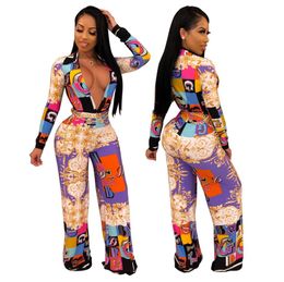 European and American sexy women's jumpsuit fashion digital printing long-sleeved suit