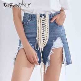 Streetwear Lace Up Bowknot Denim Shorts For Women High Waist Cross Bandage Casual Short Female Fashion Summer 210521