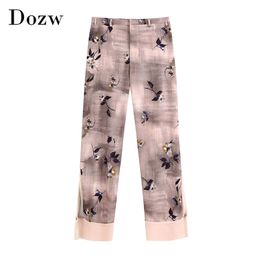 Floral Print Patchwork Pants Women Pockets Side Split Chic Long Trousers Lady Loose Wide Leg Bottoms Ropa Mujer 210515