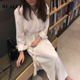 Spring Oversize Shirts Women's Long Dresses Lace Up High Waist Vintage Single Breasted Sleeve Female Dress 210428