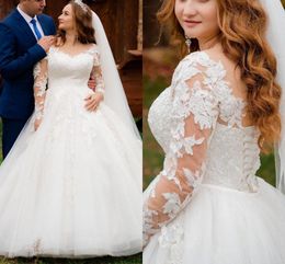 Gorgeous Long Sleeves Wedding Dresses Bridal Gown Lace Applique Tulle Scoop Neck Floor Length Corset Back Custom Made Plus Size Vestidos De Novia