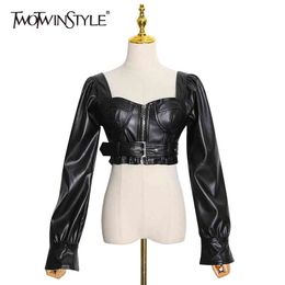 Sexy Party PU Leather Short Jacket For Women Square Collar Long Sleeve Backless High Waist Coat Female Fashion 210524