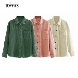 Vintage Corduroy Shirt Jacket With Pockets Women Button Coat Tassel Solid Colour Female Tops 210421