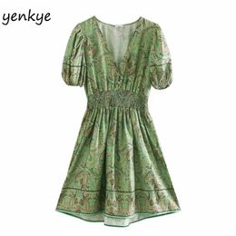 Vintage Floral Print Dress Female Short Sleeve V Neck Elastic Waist A-line Summer Plus Size XNWM9446 210514