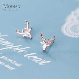 Bright Zircon Exquisite Lovely Animal Antlers Sterling Silver 925 Sud Earring for Women Elk Pattern Ear Pin Fine Jewellery 210707