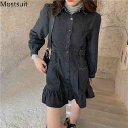 Single Breasted Ruffles Denim Dress Women Full Sleeve Turn-down Collar A-line Mini Dresses Black Vintage Fashion Ladies Vestidos 210513