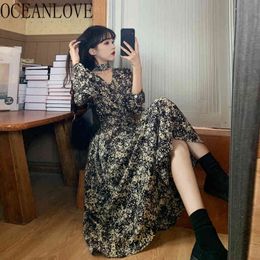 Autumn Vintage Woman Dress Hollow Out V Neck Floral Print Vestidos Korean Winter Dresses Ins Fashion 19162 210415