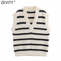 Zevity Spring Women Vintage Striped Pattern Casual Loose Vest Sweater Lady V Neck Sleeveless Waistcoat Chic Pullovers Tops SW701 210603