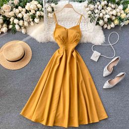 Summer Korean dress with chest pads cross-lace A-Line Dress solid Colour long suspender party Office Lady vestido 210420