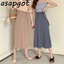 Korean Vintage Slim High Waist A Line Solid Long Skirts Women Plus Size Office Lady Faldas Mujer Moda Spring Fall Fashion Wild 210610