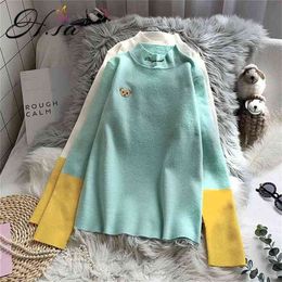 Women Cute Cartoon Winter Sweater and Jumpers Candy Colour Turtlenck Pull Sweaters Patchwork Knitted Slim Tops 210430