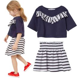 Navy Sailor Girls Clothes Suits Stripe Children Jumpers Skirts High Waist Baby Girl Blouse Pleated Shirt Fashion Cotton Outfits 210413