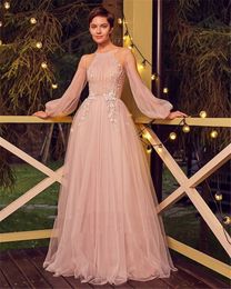 Sexy Tulle A Line Prom Dresses 2021 Illusion Long Sleeve Appliques Lace Jewel Neck Formal Evening Gowns Floor Length Engagement Dress