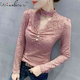 Spring Lace Shirt Women Embroidery Turtleneck Ruched Sexy Transparent T-shirt Tops Slim Stretchy Long Sleeve T010207A 210421