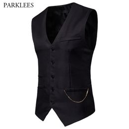 Mens Gentleman Formal Slim Fit Single Breasted Black Dress Suit Vests Fashion Chain Decoration Men Vest Waistcoat Gilet 2XL 210522