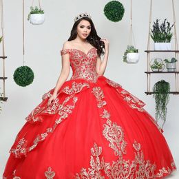 Red Ball Gown Quinceanera Dresses With Lace Appliqued Off The Shoulder Neck Sweet 16 Dress Corset Sweep Train Tulle Masquerade Gowns
