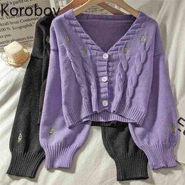 Korobov Korean V Neck Flower Embroidery Women Cardigans Vintage Preppy Style Crop Sweaters Autumn Outwear Knit Top 210430
