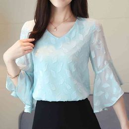 Fashion V Neck Lace Summer Blouse Shirs Pink Chiffon Half sleeved Women tops Appliques Women's Clothing 615B5 210420