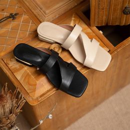 Slides Toe Slippers Open Outside Women Sandals Modern 2021 Summer Mules Genuine Leather Flats Shoes 59870