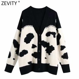 Zevity Women Vintage V Neck Animal Pattern Crochet Cardigans Knitting Sweater Female Chic Long Sleeve Contrast Colour Tops S703 210603