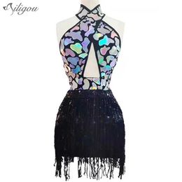 Summer Style Fashion Sequin Tassel Design Sexy V-Neck Sleeveless Celebrity Party Club Mini Dress Vestidos 210525