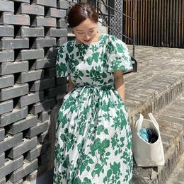 Korean Chic Summer Square Neck Back Single Breasted Floral Dress Women Lace Up Waist Loose Retro Puff Short Sleeve Vestidos 210610