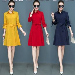 Red Dress Women Summer Navy Blue Plus Size Dresses Korean Vintage Chiffon Shirt Elegant Casual Spring Midi Dress Vestidos 210331