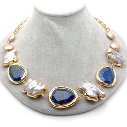 YYGEM 21'' natural Blue Lapis chunk Grey Keshi Pearl Yellow Gold Colour Chain choker Necklace classic for women