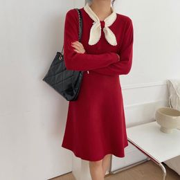 Autumn Winter Elegant Bow Collar Christmas Dress Women OL Office Long Sleeve Knee-length es Vestidos 210421