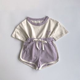 Summer New Newborn Baby Girl Clothes Suit Cute Cotton Short Sleeve + Elastic Waist Solid Cute Sports Shorts 2pcs Set 210413